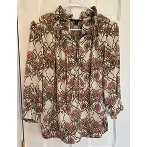 Banana Republic Women’s Pink Green Floral Ruffle 3/4 Sleeve Blouse Small Petite